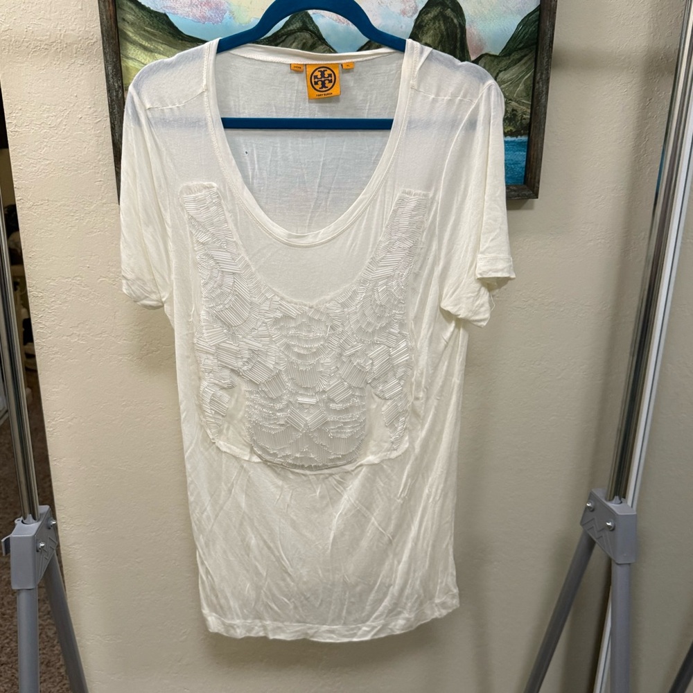 Tory Burch Cream Beaded Accent Short Sleeve Top